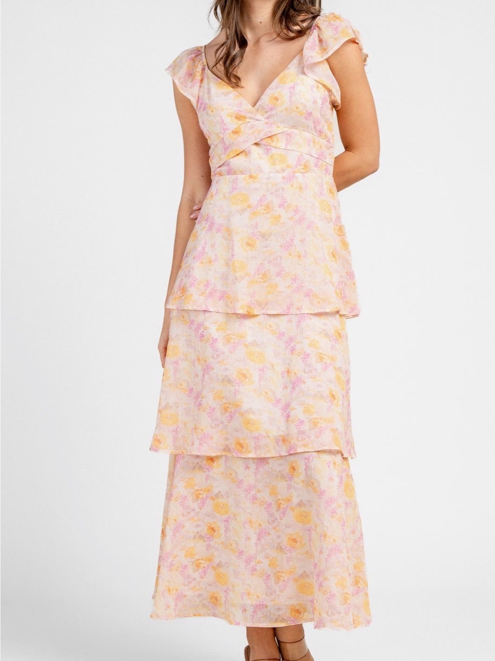 Beivy Floral Tiered V-Neck Maxi Dress in Pastel Pink and Yellow